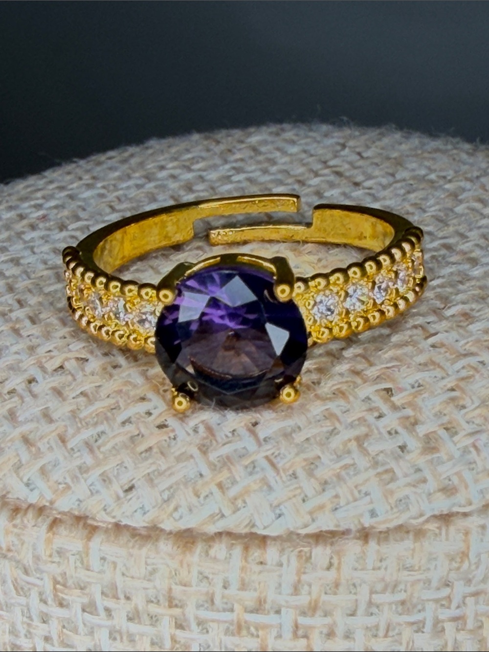 Gold-Plated Ring with Purple Center Stone Sz 8 adjustable